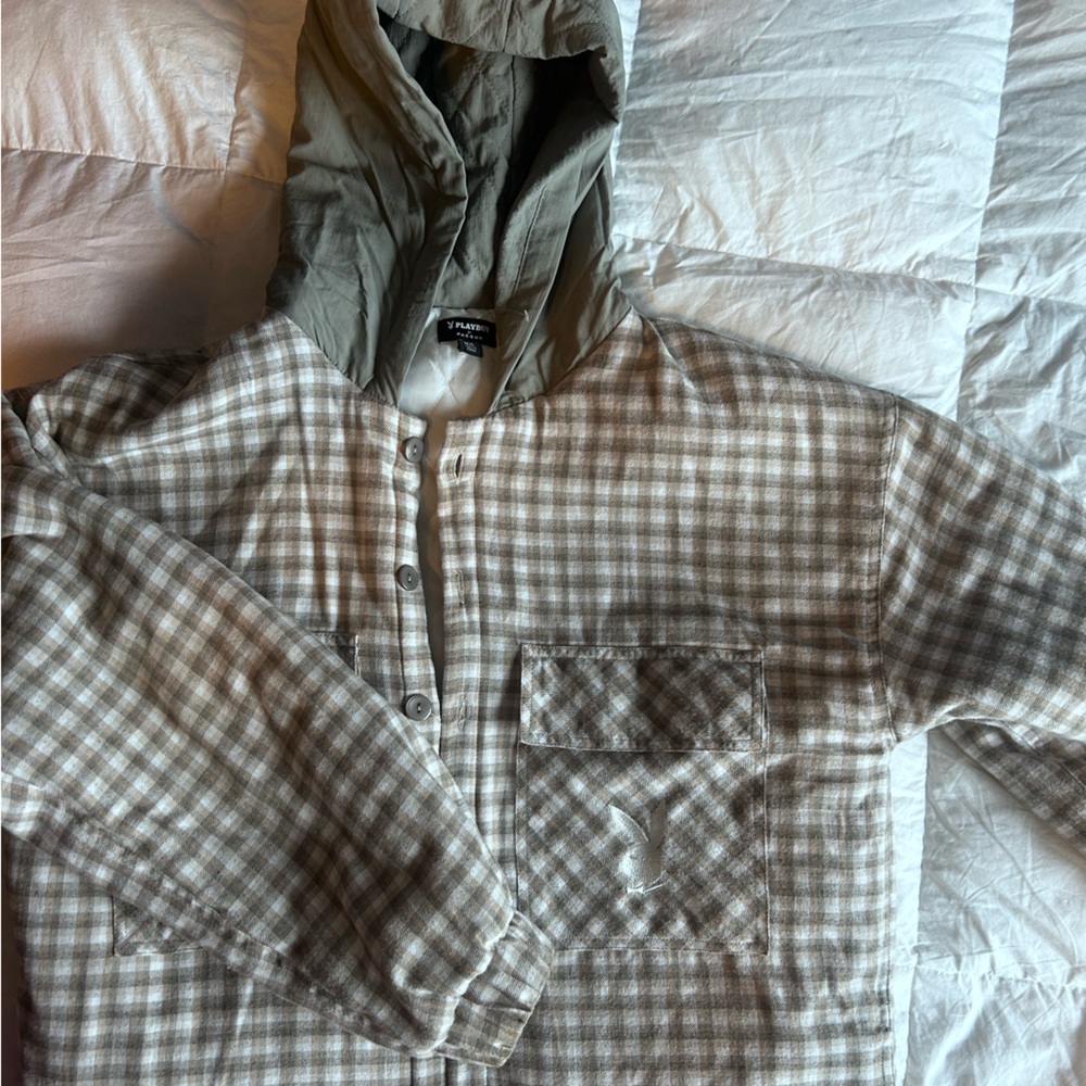 PLAYBOY Checkered Utility Jacket with Hood - Beige and Green